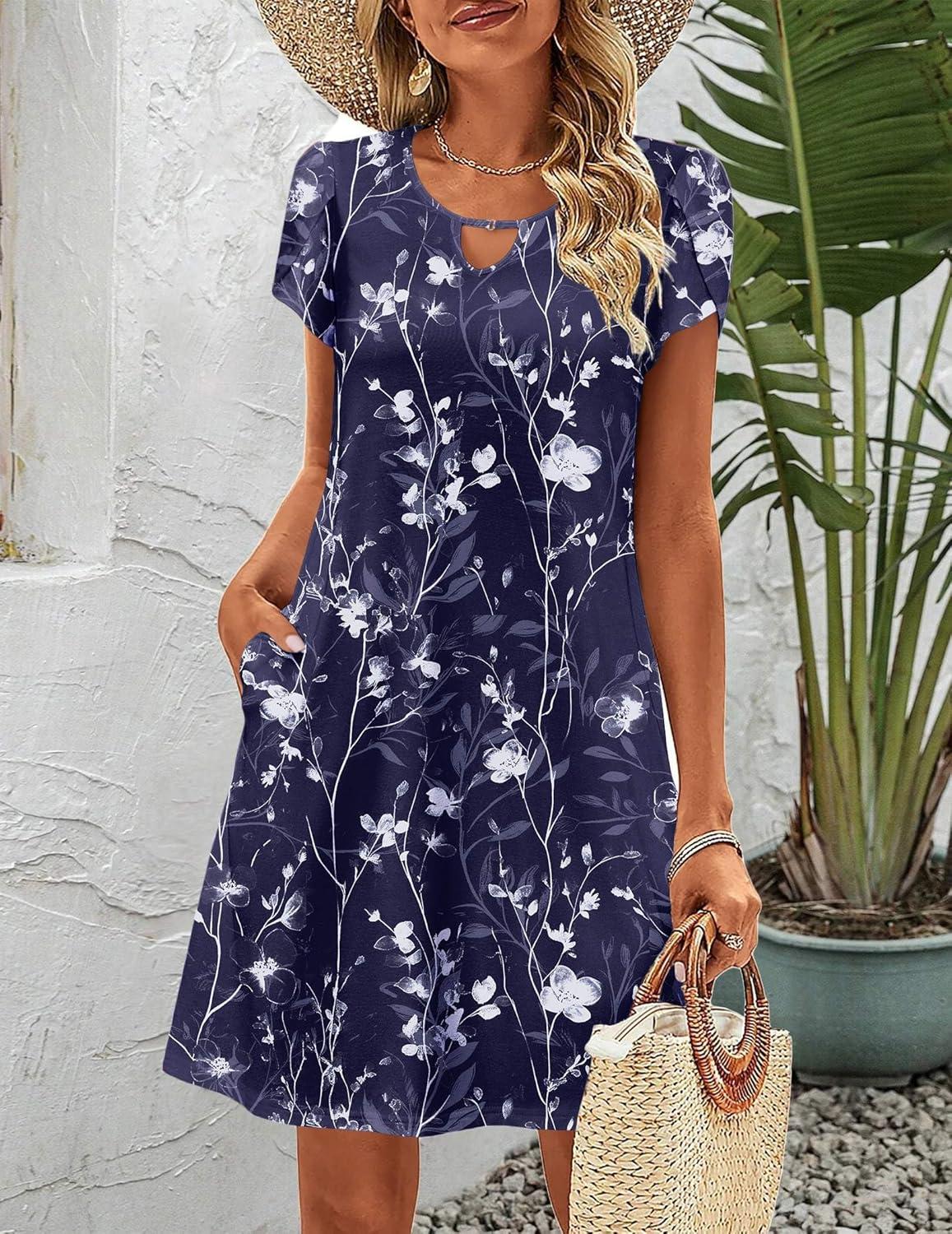 imageZeagoo Womens Casual ALine Dresses with Pockets Summer Floral Tshirt Dress Short Sleeve Mini Dress Flowy SundressesBlue Floral Printed2