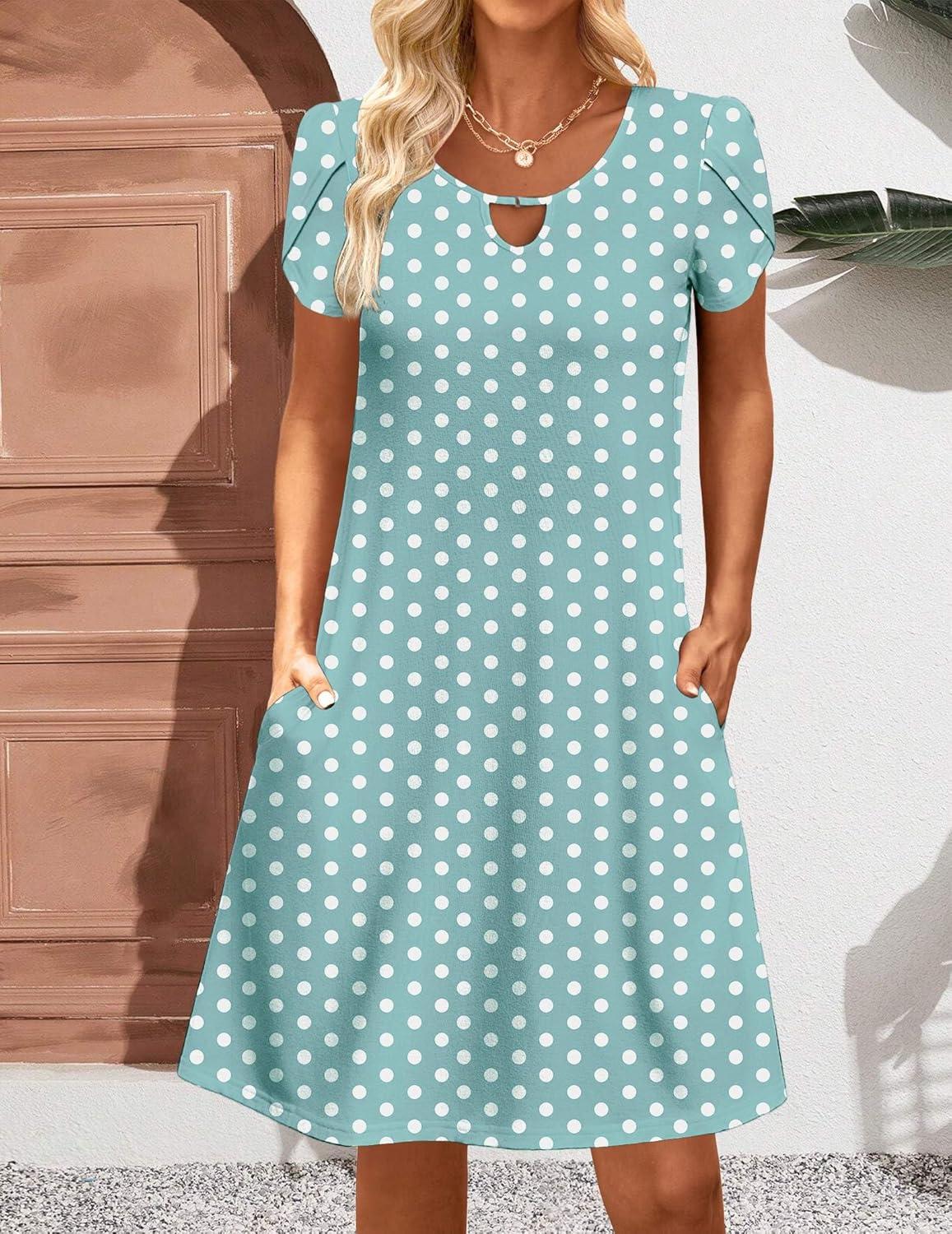 imageZeagoo Womens Casual ALine Dresses with Pockets Summer Floral Tshirt Dress Short Sleeve Mini Dress Flowy SundressesGreen Dot