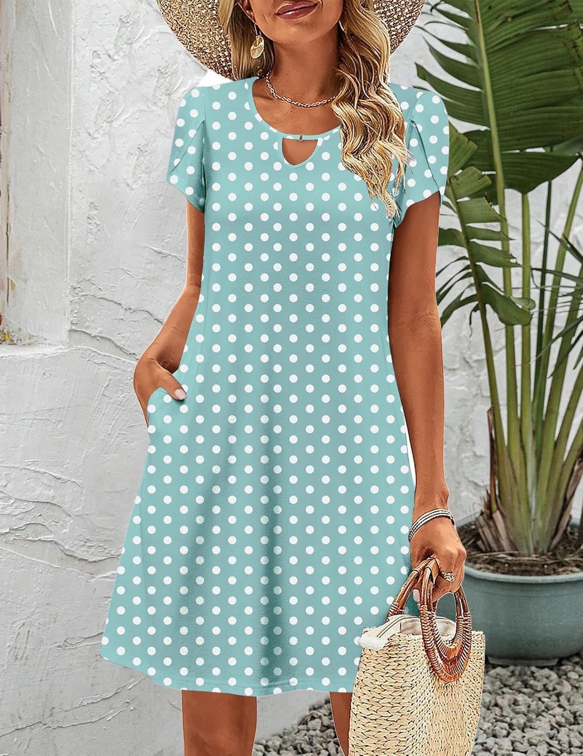 imageZeagoo Womens Casual ALine Dresses with Pockets Summer Floral Tshirt Dress Short Sleeve Mini Dress Flowy SundressesGreen Dot