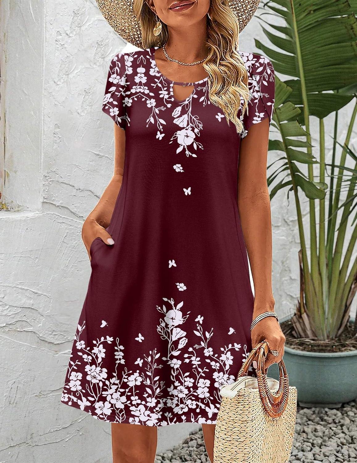 imageZeagoo Womens Casual ALine Dresses with Pockets Summer Floral Tshirt Dress Short Sleeve Mini Dress Flowy SundressesRed Floral8