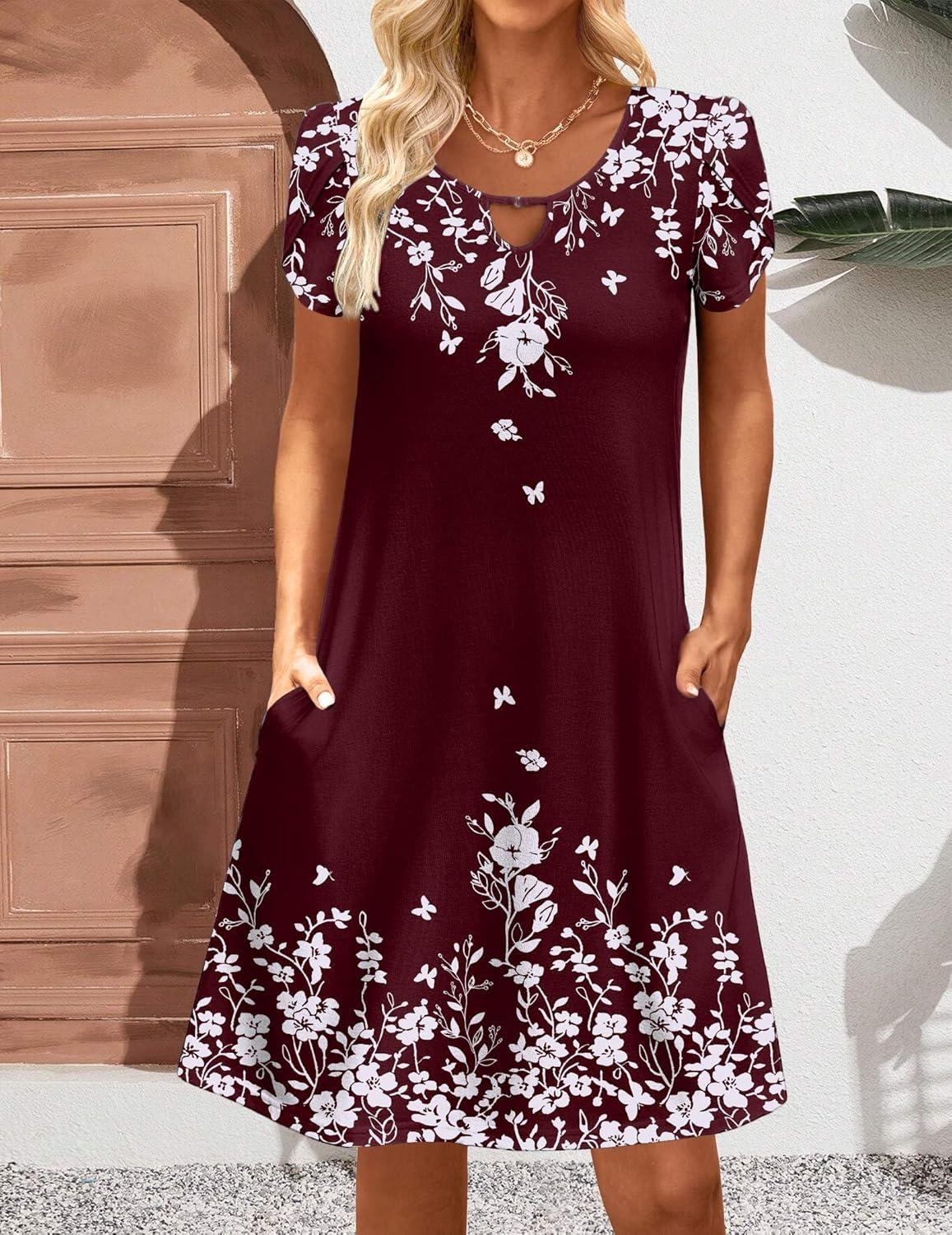 imageZeagoo Womens Casual ALine Dresses with Pockets Summer Floral Tshirt Dress Short Sleeve Mini Dress Flowy SundressesRed Floral8