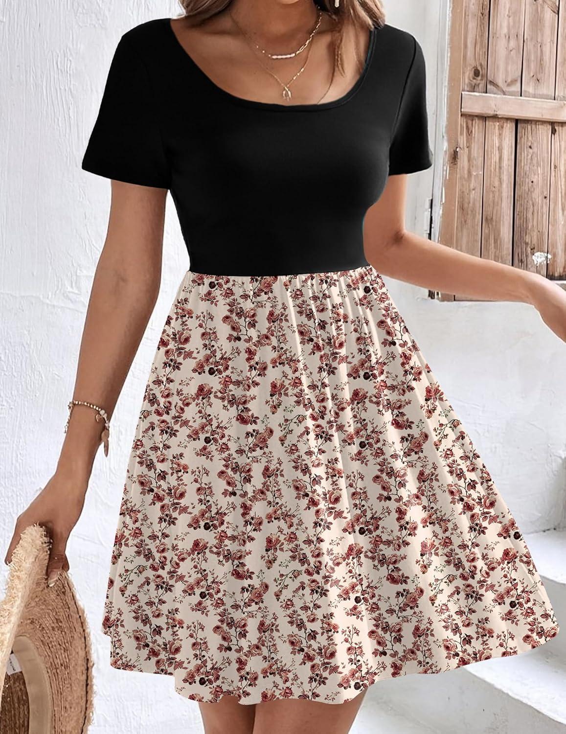 imageZeagoo Womens Casual Dress Floral Patchwork Summer Dress Square Neck Short Sleeve A Line Flowy Swing Mini Dress with PocketsPat9