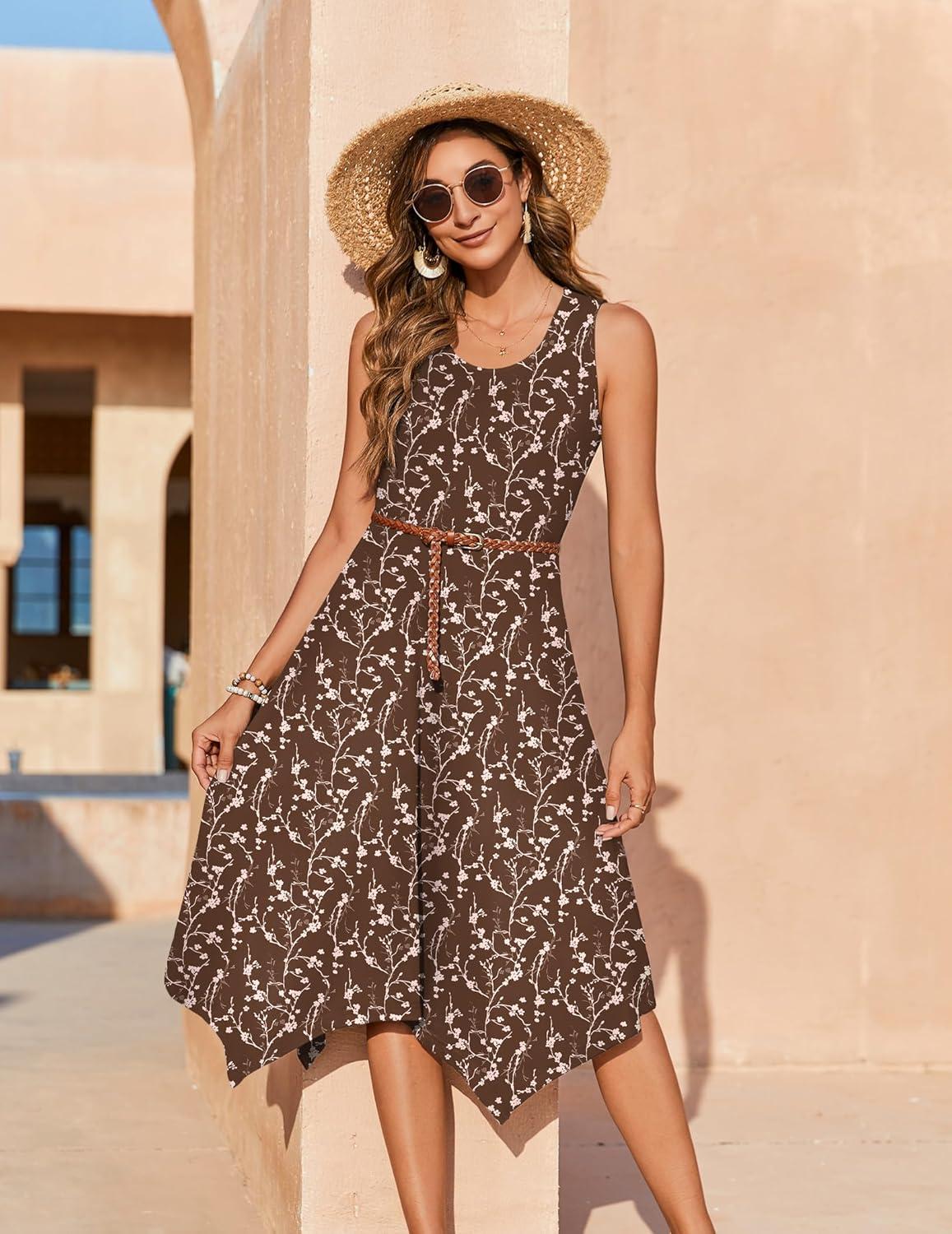 imageZeagoo Womens Casual Dress for Summer Tank Dress Loose Flowy Beach Dress with Pockets Hankerchief Flare Midi Sundress 2026Brown Xh267