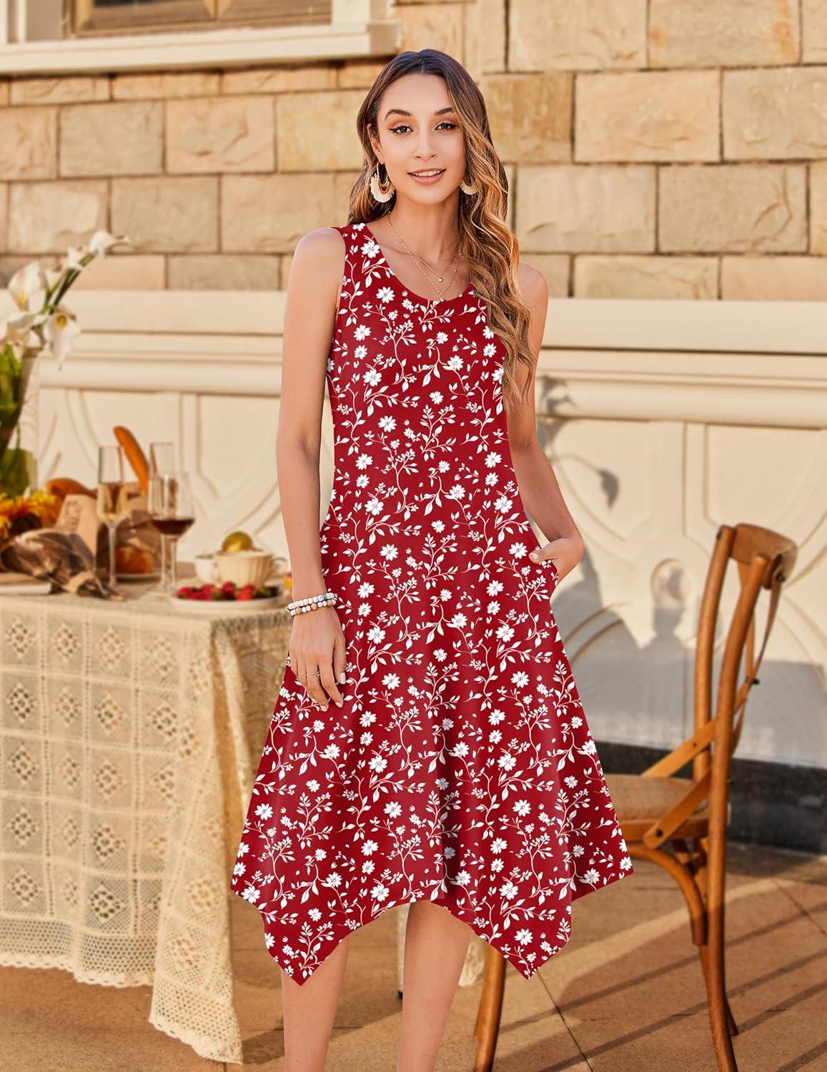 imageZeagoo Womens Casual Dress for Summer Tank Dress Loose Flowy Beach Dress with Pockets Hankerchief Flare Midi Sundress 2026Red Xh268