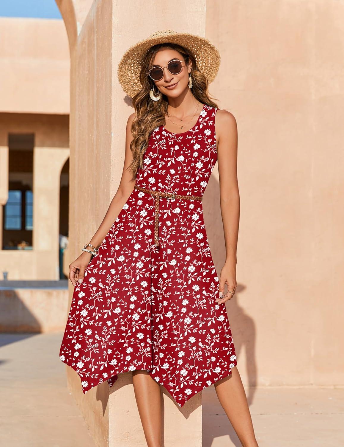 imageZeagoo Womens Casual Dress for Summer Tank Dress Loose Flowy Beach Dress with Pockets Hankerchief Flare Midi Sundress 2026Red Xh268