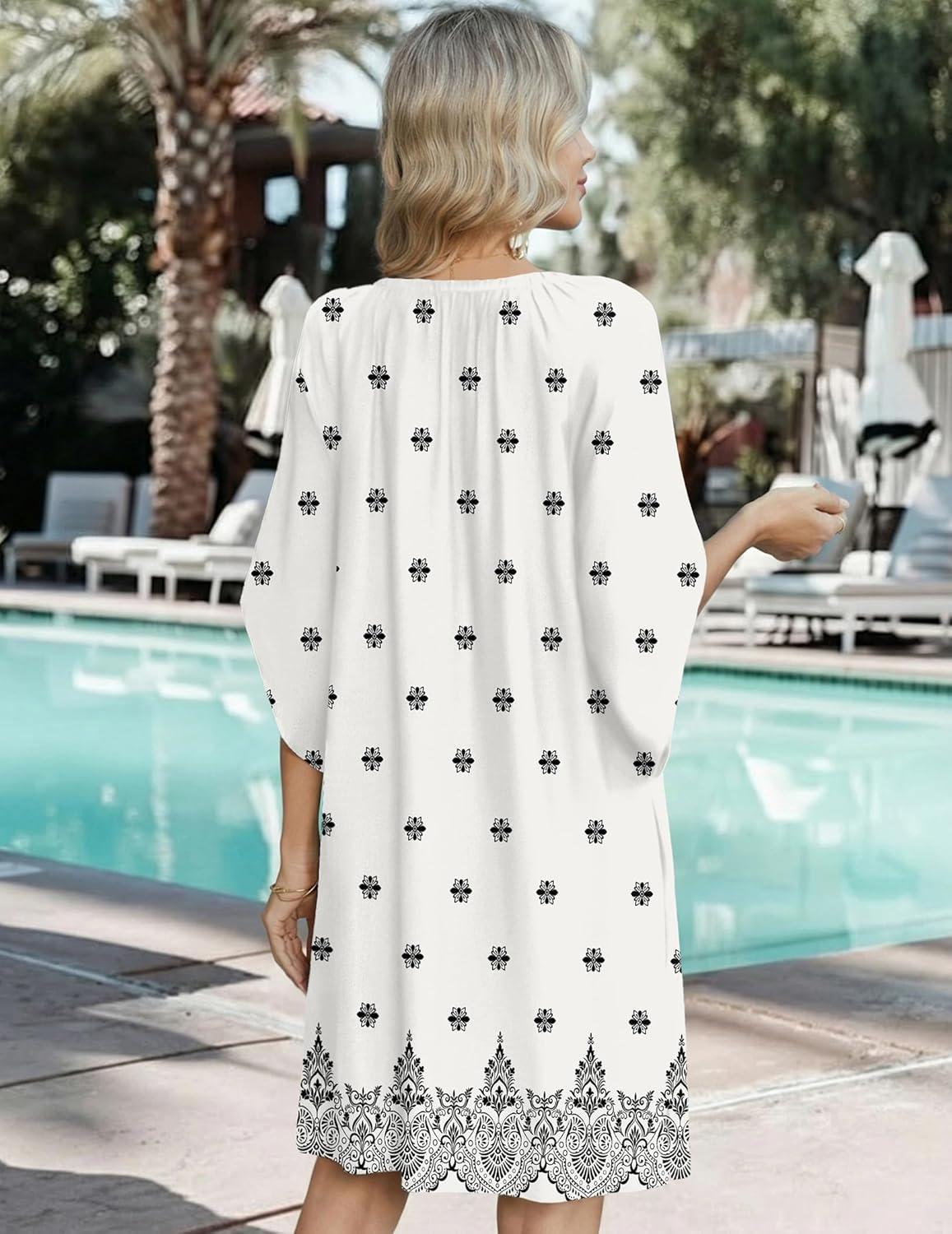 imageZeagoo Womens Casual Summer Dress Boho Beach Dresses Tassel Tie Neck 2026 Floral Cover Up Spring 34 Sleeve Mini SundressApricot