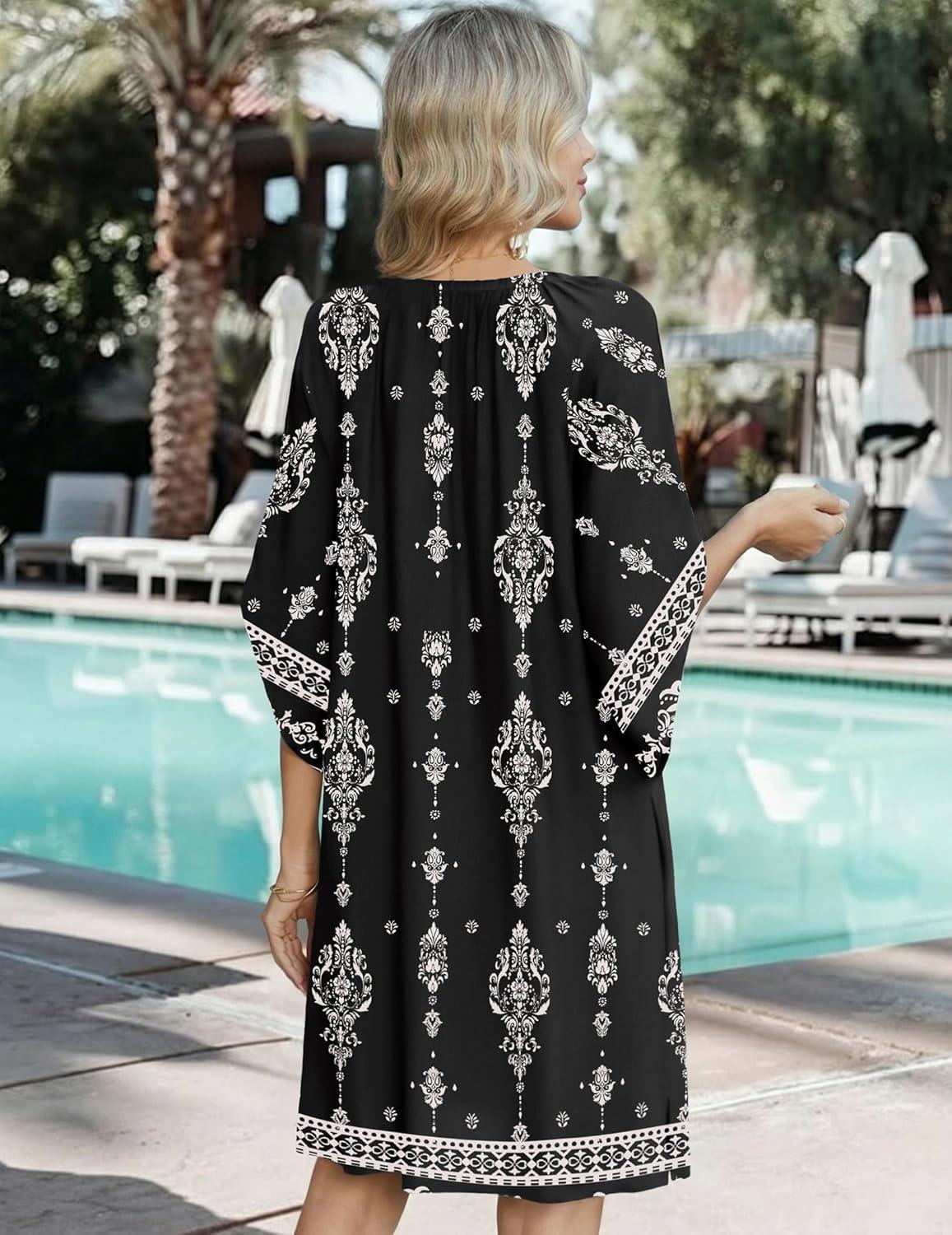 imageZeagoo Womens Casual Summer Dress Boho Beach Dresses Tassel Tie Neck 2026 Floral Cover Up Spring 34 Sleeve Mini SundressBlack Apricot