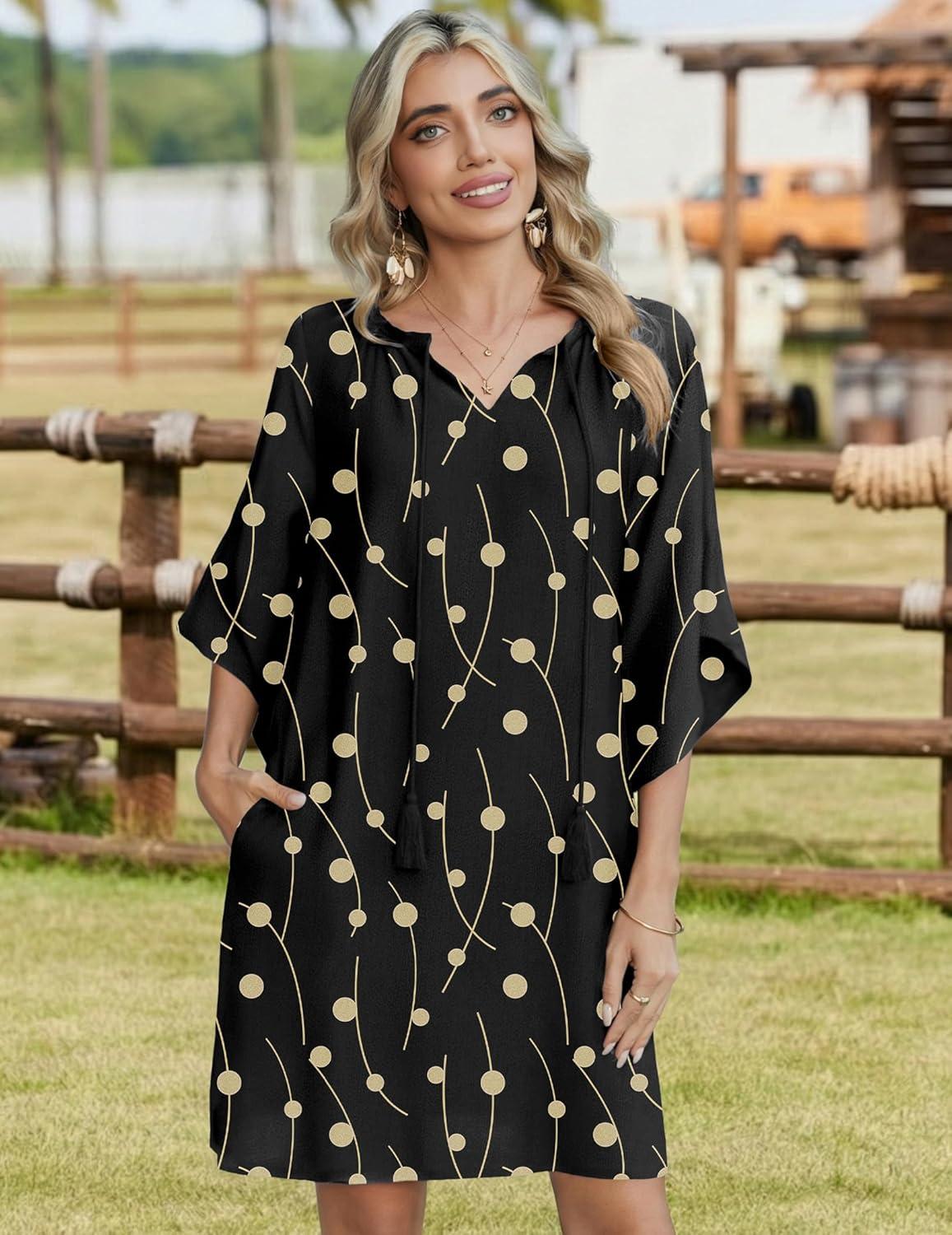 imageZeagoo Womens Casual Summer Dress Boho Beach Dresses Tassel Tie Neck 2026 Floral Cover Up Spring 34 Sleeve Mini SundressBlack Lines