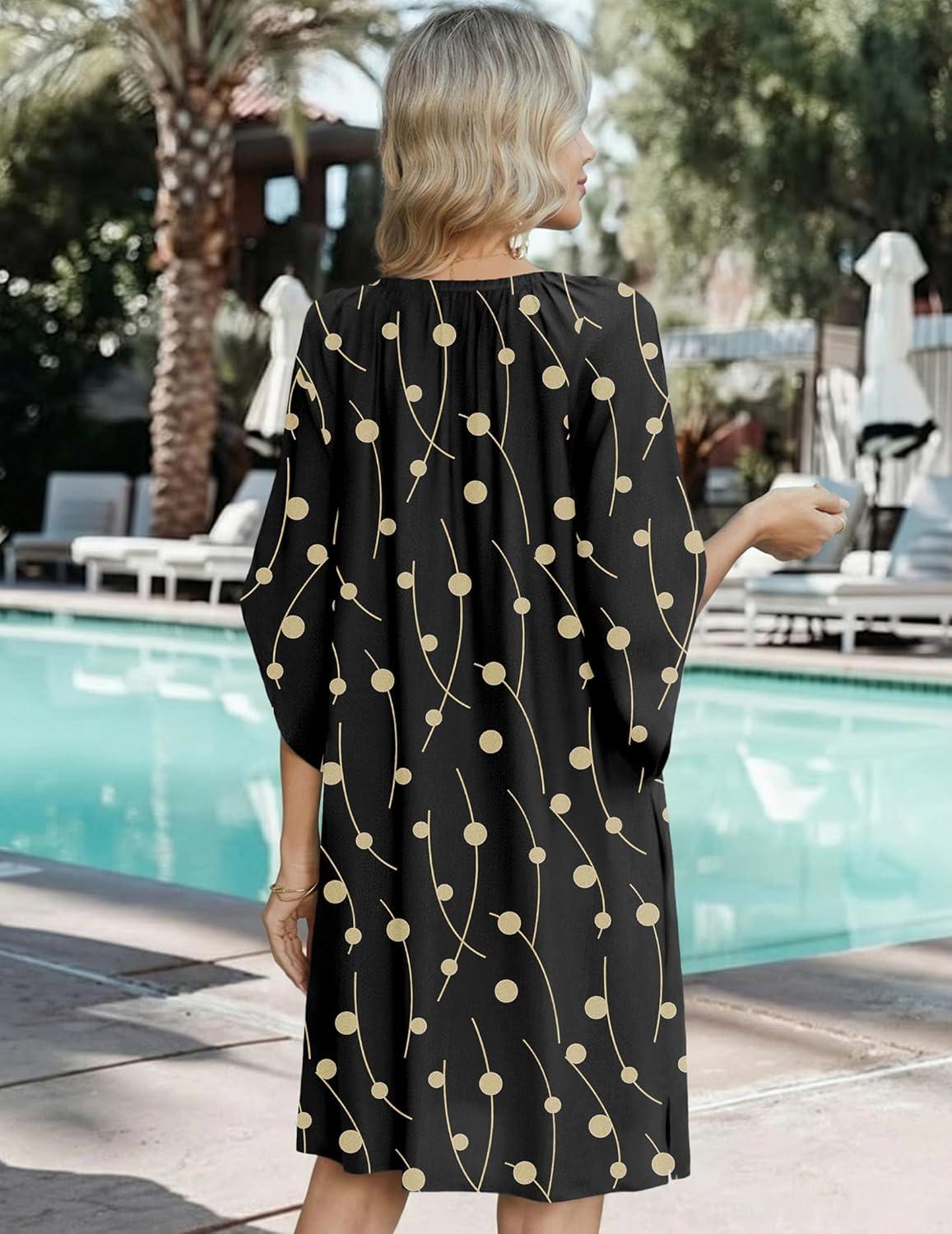 imageZeagoo Womens Casual Summer Dress Boho Beach Dresses Tassel Tie Neck 2026 Floral Cover Up Spring 34 Sleeve Mini SundressBlack Lines