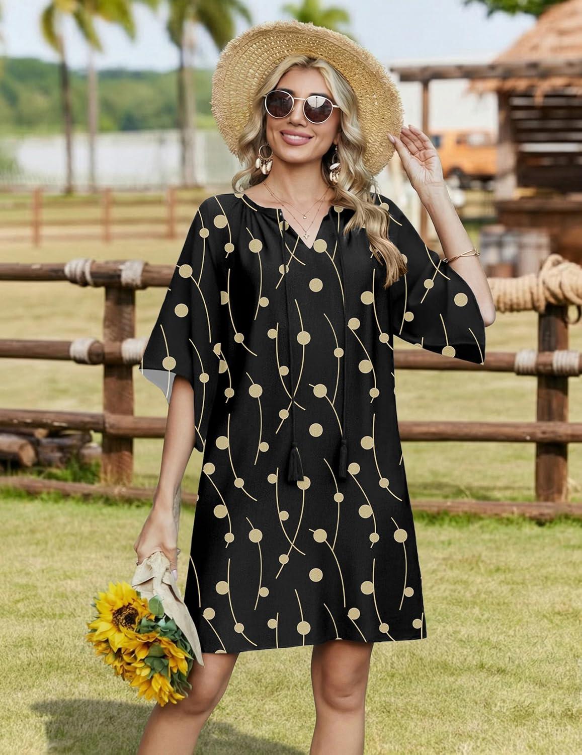 imageZeagoo Womens Casual Summer Dress Boho Beach Dresses Tassel Tie Neck 2026 Floral Cover Up Spring 34 Sleeve Mini SundressBlack Lines