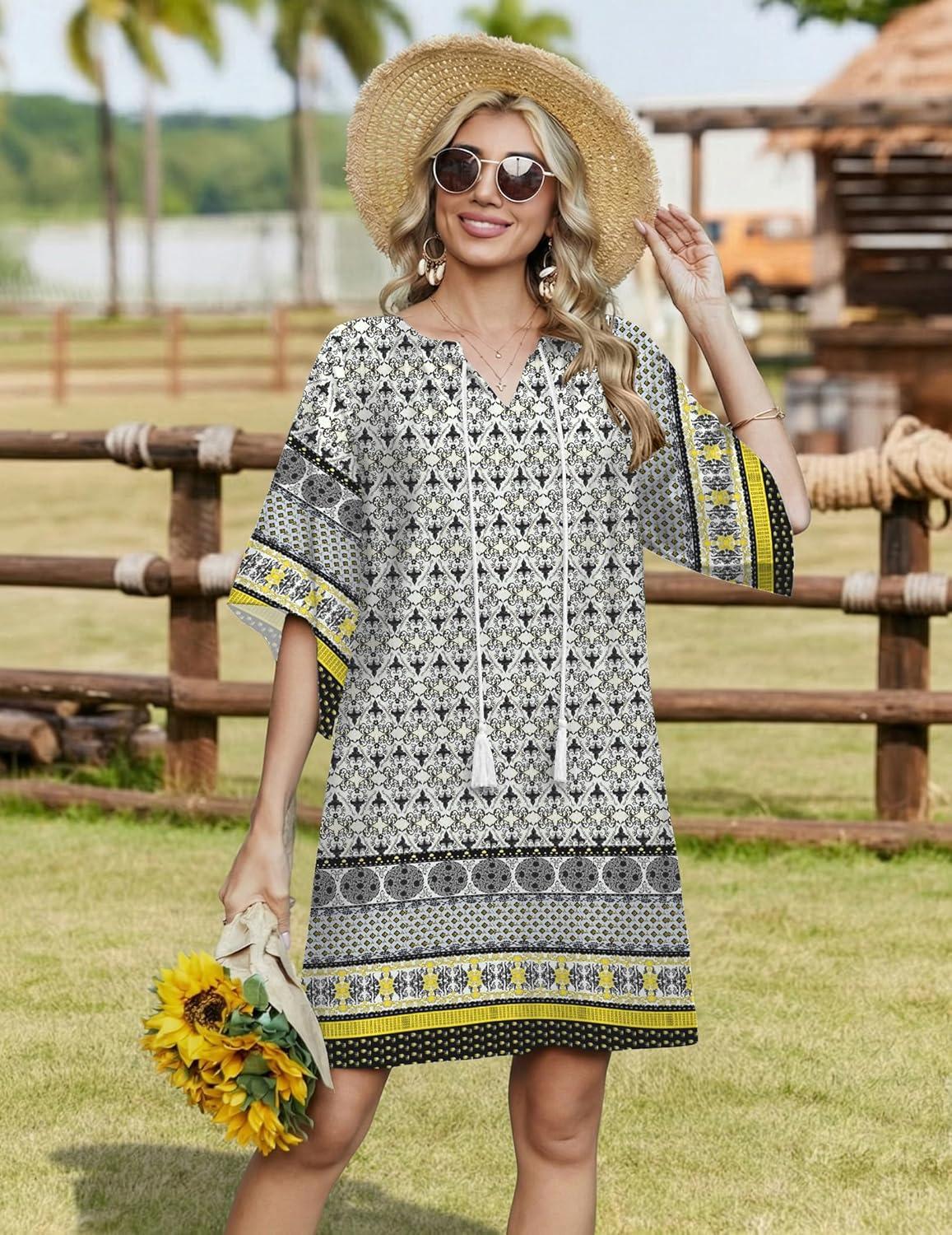 imageZeagoo Womens Casual Summer Dress Boho Beach Dresses Tassel Tie Neck 2026 Floral Cover Up Spring 34 Sleeve Mini SundressBoho
