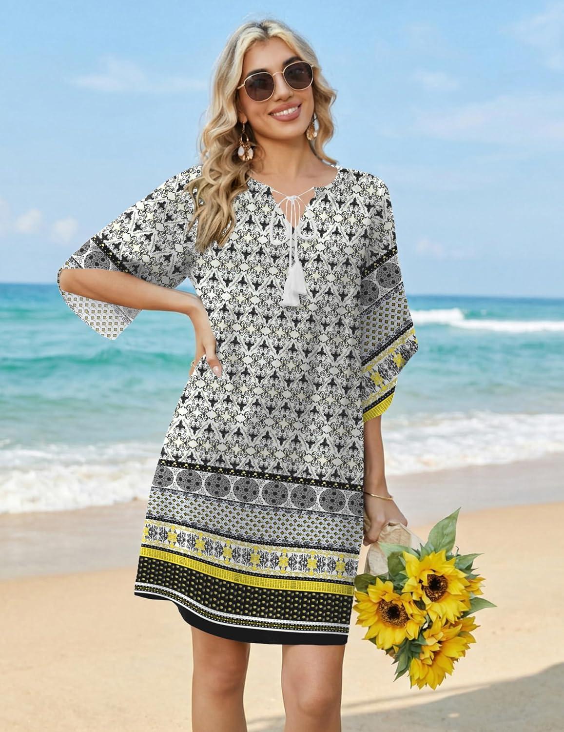 imageZeagoo Womens Casual Summer Dress Boho Beach Dresses Tassel Tie Neck 2026 Floral Cover Up Spring 34 Sleeve Mini SundressBoho