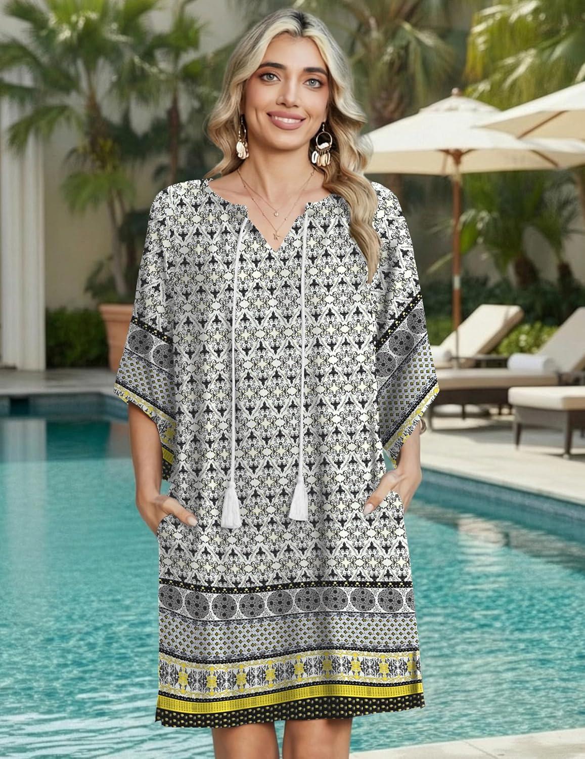imageZeagoo Womens Casual Summer Dress Boho Beach Dresses Tassel Tie Neck 2026 Floral Cover Up Spring 34 Sleeve Mini SundressBoho