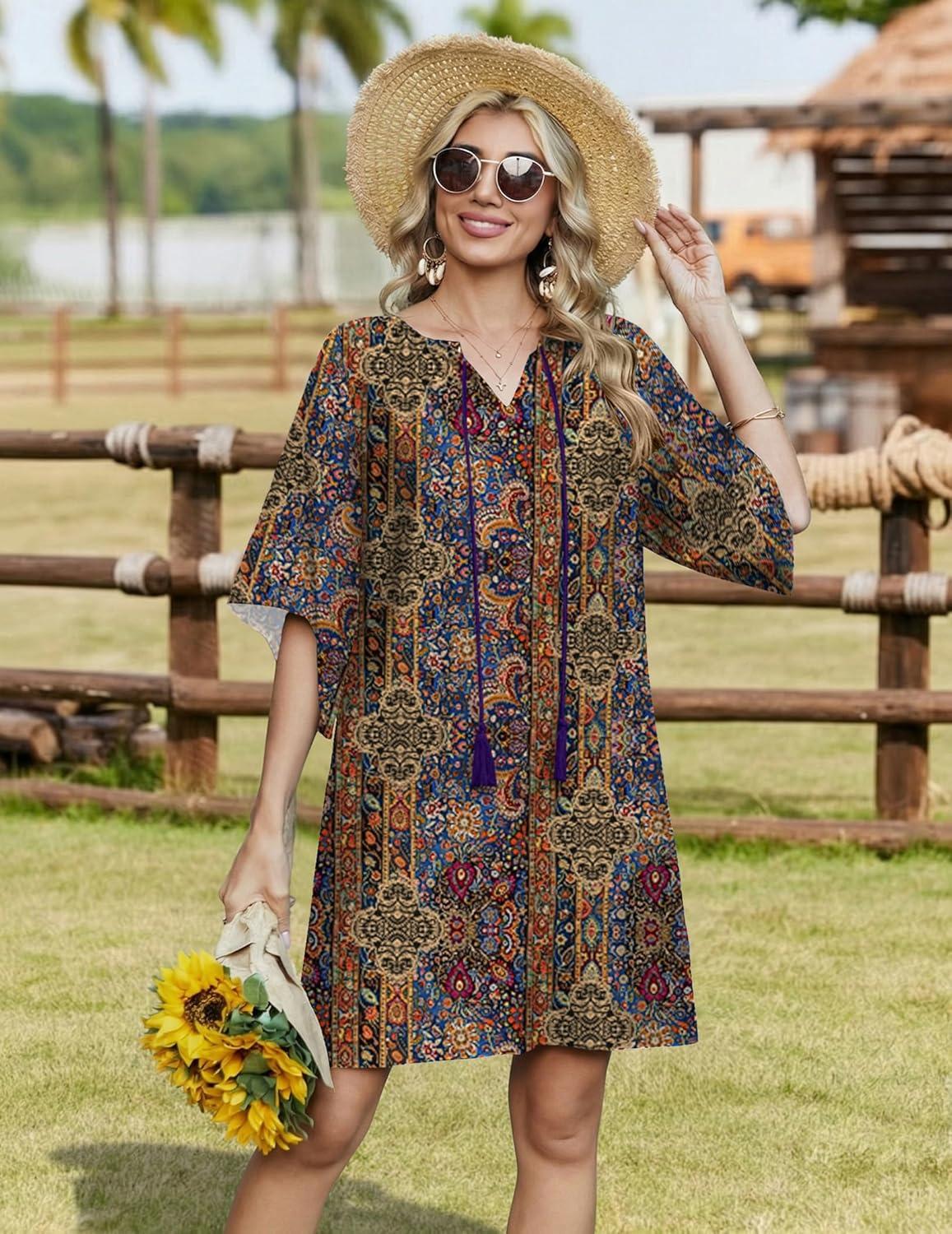imageZeagoo Womens Casual Summer Dress Boho Beach Dresses Tassel Tie Neck 2026 Floral Cover Up Spring 34 Sleeve Mini SundressEthnic