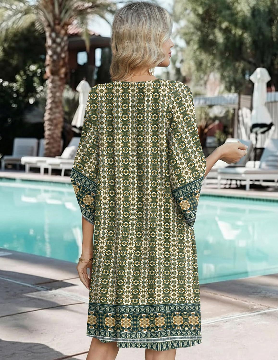 imageZeagoo Womens Casual Summer Dress Boho Beach Dresses Tassel Tie Neck 2026 Floral Cover Up Spring 34 Sleeve Mini SundressGreen