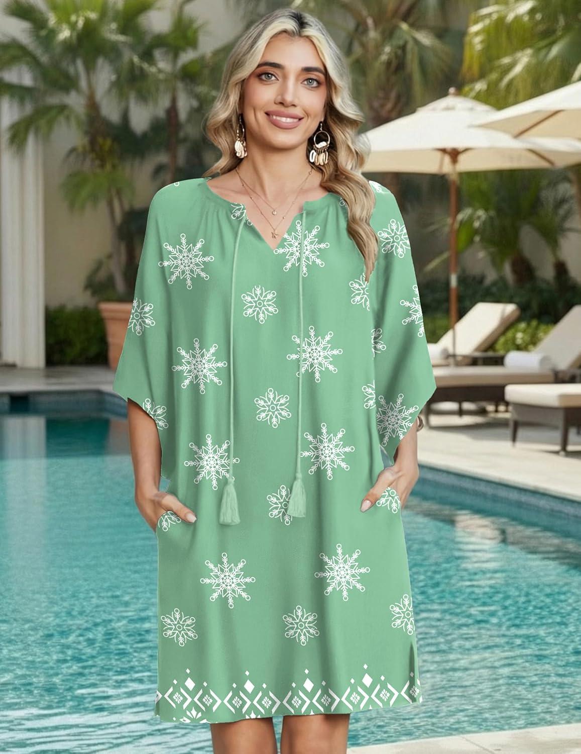 imageZeagoo Womens Casual Summer Dress Boho Beach Dresses Tassel Tie Neck 2026 Floral Cover Up Spring 34 Sleeve Mini SundressGreen and White