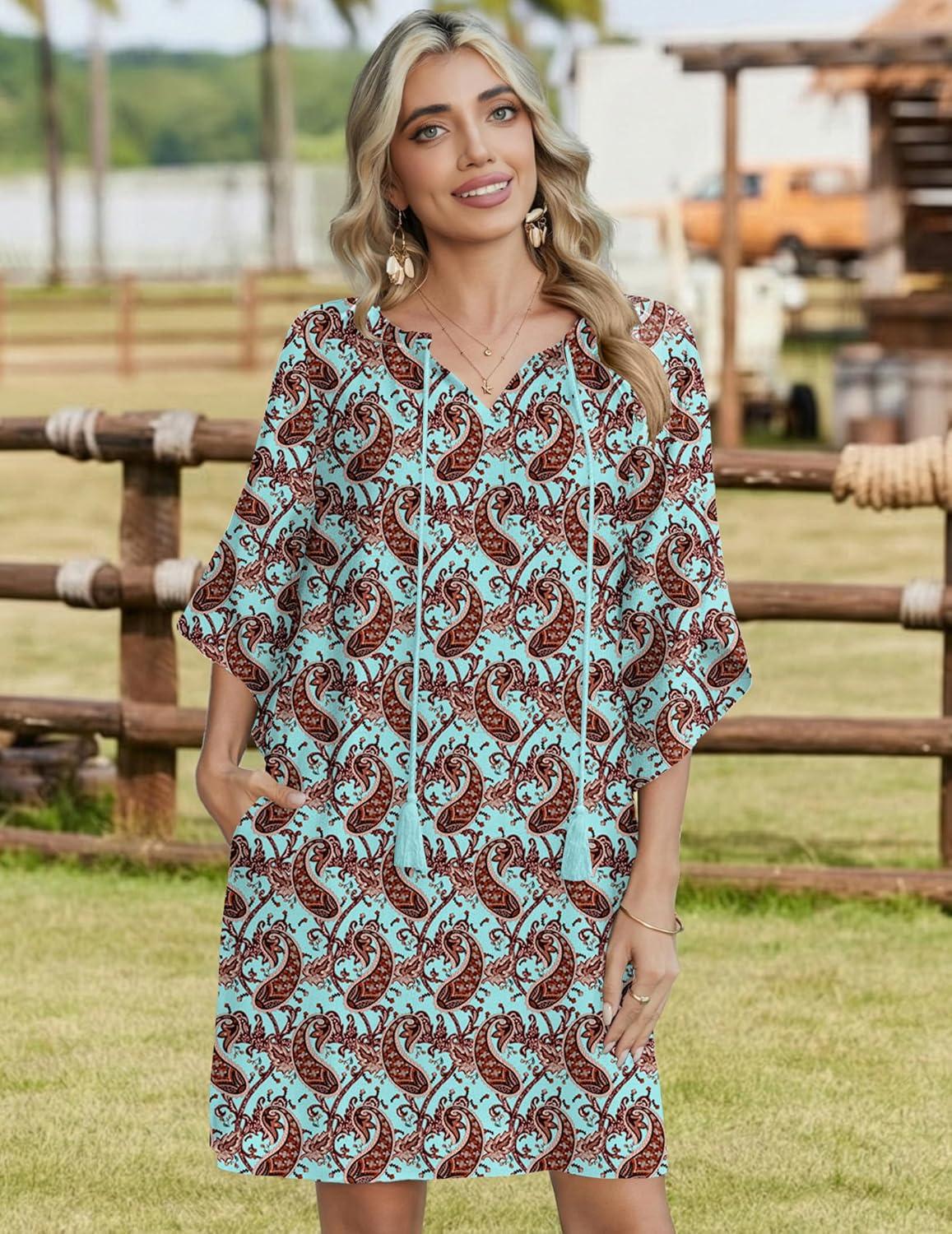 imageZeagoo Womens Casual Summer Dress Boho Beach Dresses Tassel Tie Neck 2026 Floral Cover Up Spring 34 Sleeve Mini SundressLight Blue