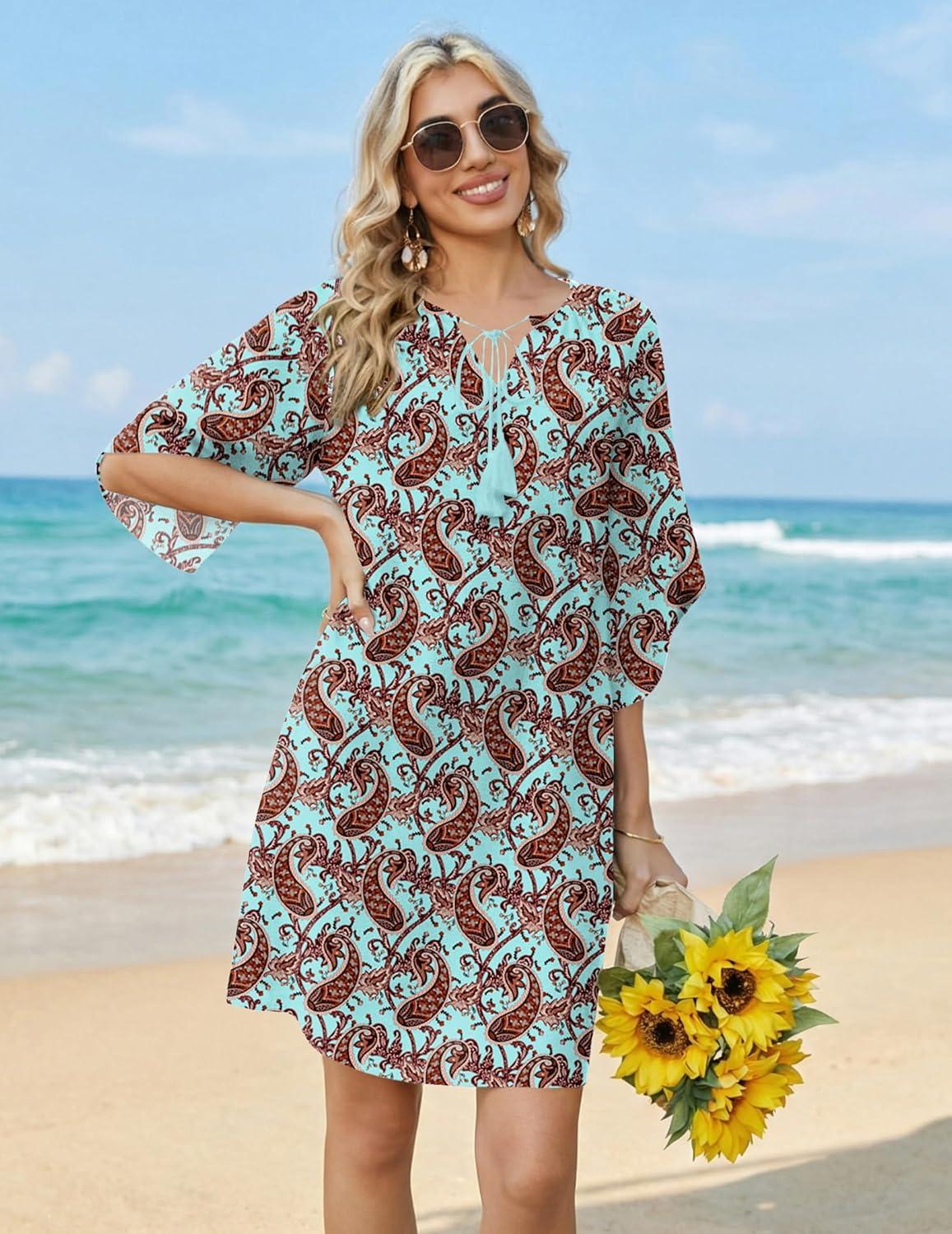 imageZeagoo Womens Casual Summer Dress Boho Beach Dresses Tassel Tie Neck 2026 Floral Cover Up Spring 34 Sleeve Mini SundressLight Blue