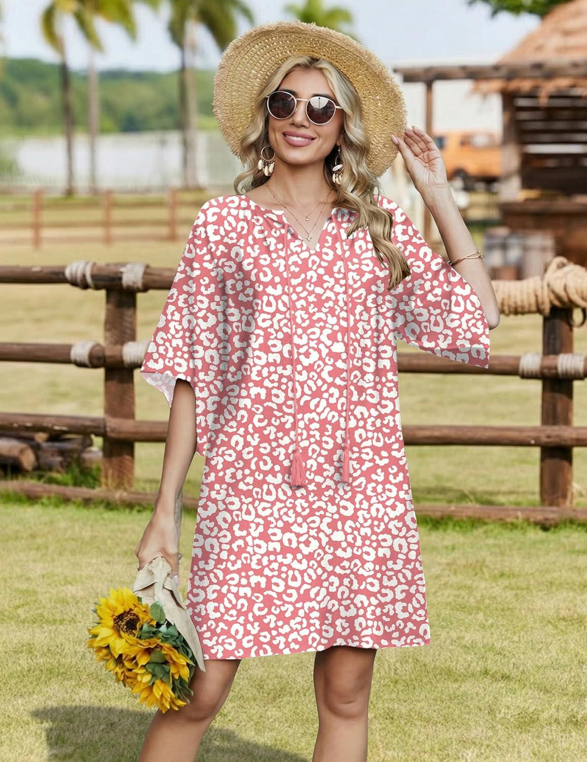 imageZeagoo Womens Casual Summer Dress Boho Beach Dresses Tassel Tie Neck 2026 Floral Cover Up Spring 34 Sleeve Mini SundressPink