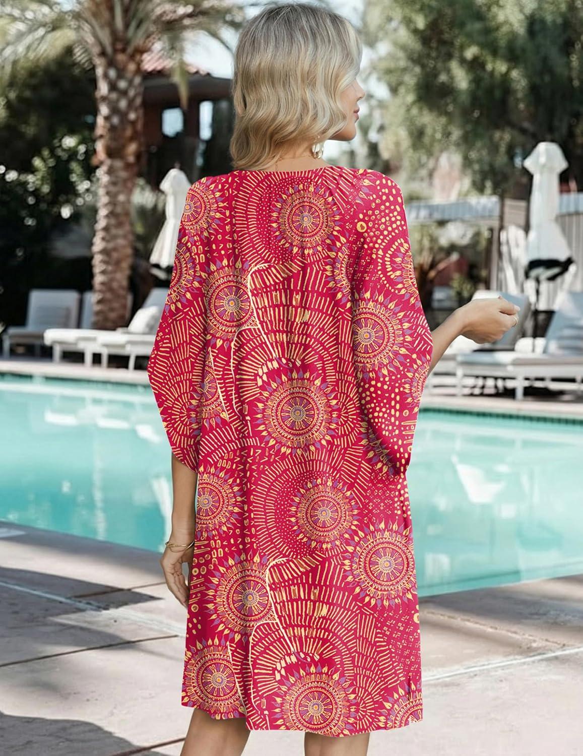 imageZeagoo Womens Casual Summer Dress Boho Beach Dresses Tassel Tie Neck 2026 Floral Cover Up Spring 34 Sleeve Mini SundressRed