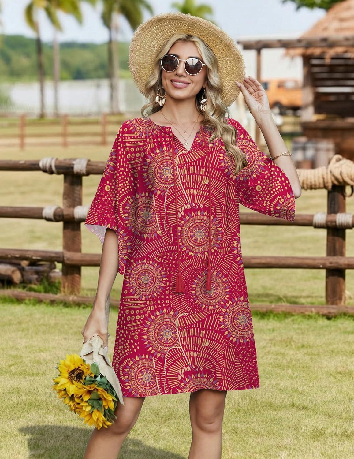 imageZeagoo Womens Casual Summer Dress Boho Beach Dresses Tassel Tie Neck 2026 Floral Cover Up Spring 34 Sleeve Mini SundressRed