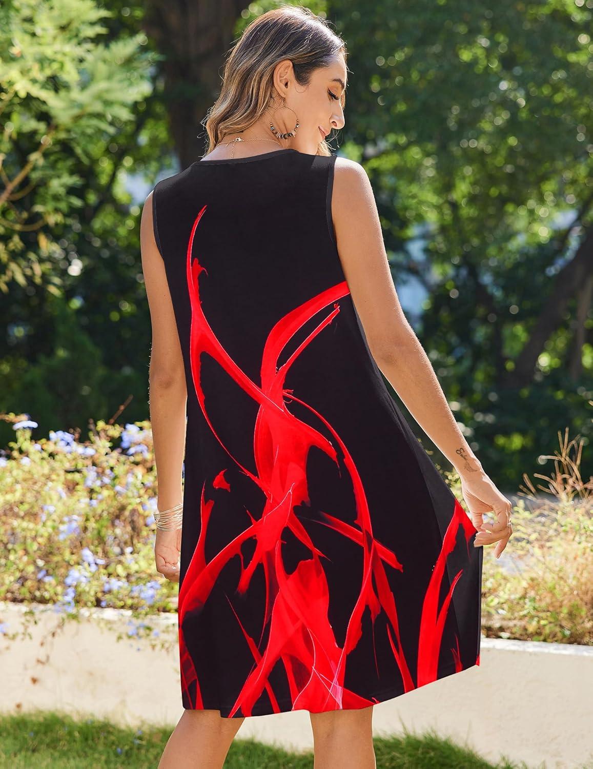 imageZeagoo Womens Casual Summer Dresses 2025 Boho Sleeveless Sundresses with Pockets Pleated Beach Floral T Shirt DressesBlack Redprinted