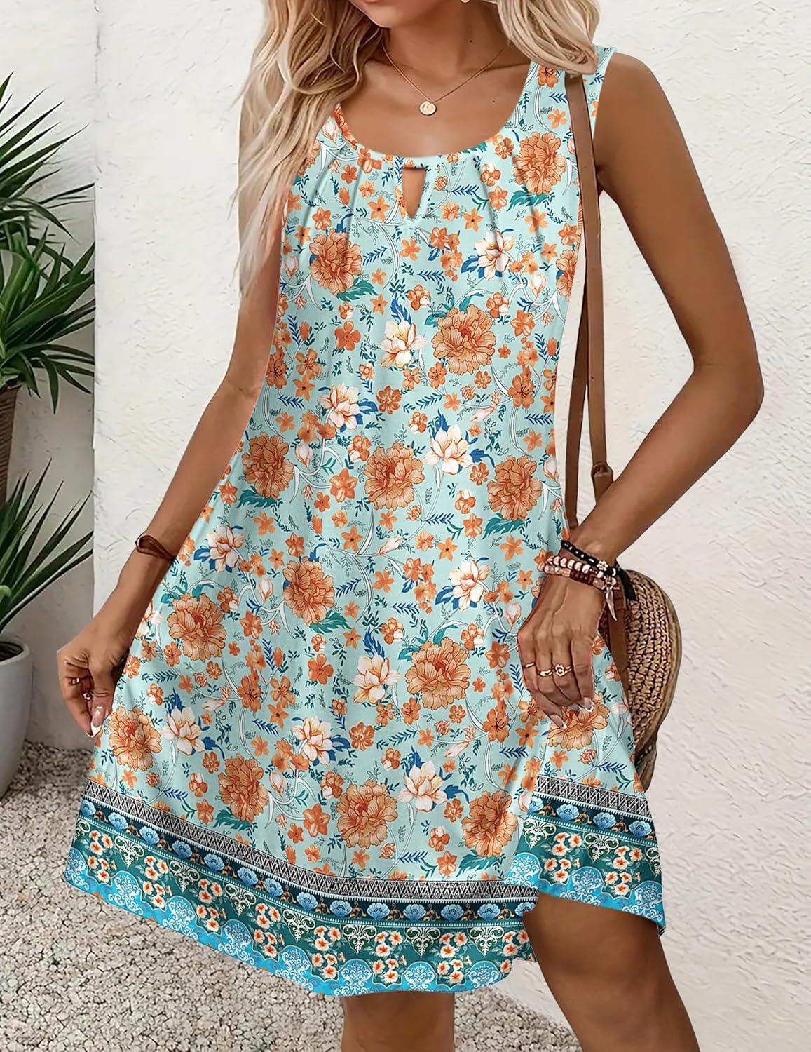 imageZeagoo Womens Casual Summer Dresses 2025 Boho Sleeveless Sundresses with Pockets Pleated Beach Floral T Shirt DressesFloralprinted07