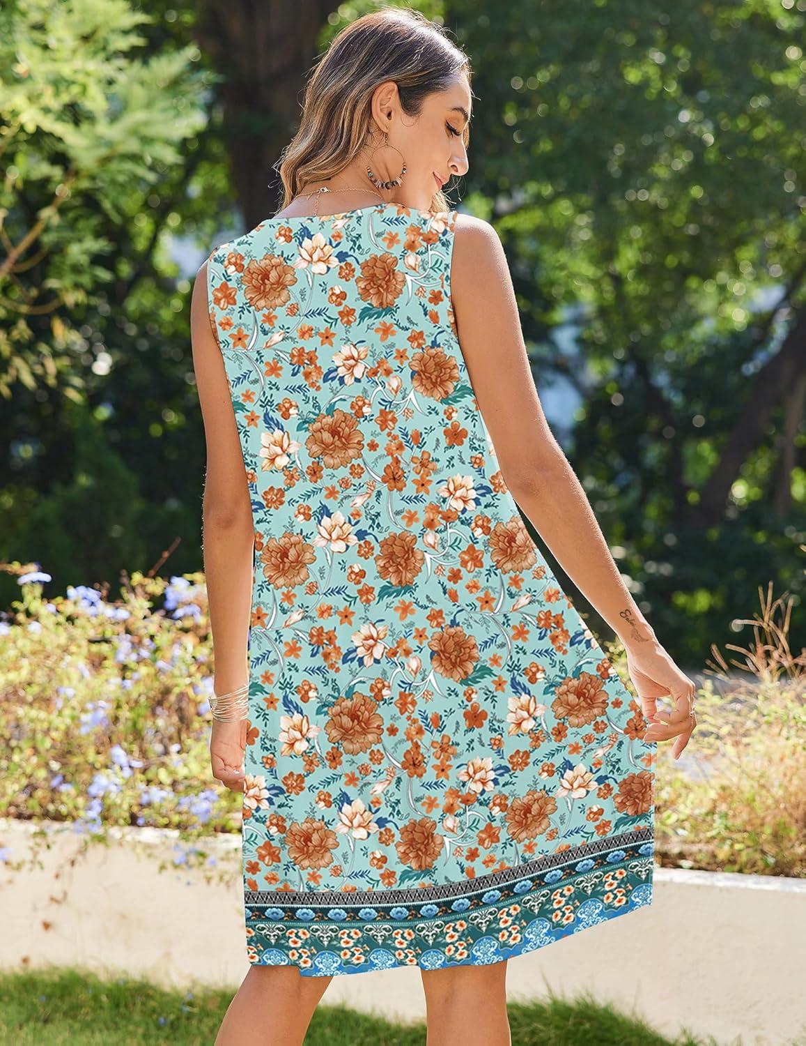 imageZeagoo Womens Casual Summer Dresses 2025 Boho Sleeveless Sundresses with Pockets Pleated Beach Floral T Shirt DressesFloralprinted07