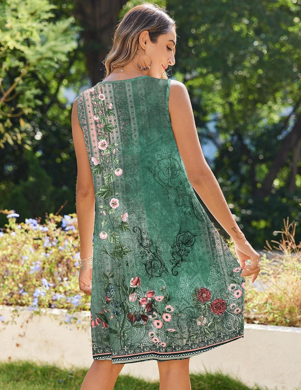 imageZeagoo Womens Casual Summer Dresses 2025 Boho Sleeveless Sundresses with Pockets Pleated Beach Floral T Shirt DressesGreenprinted