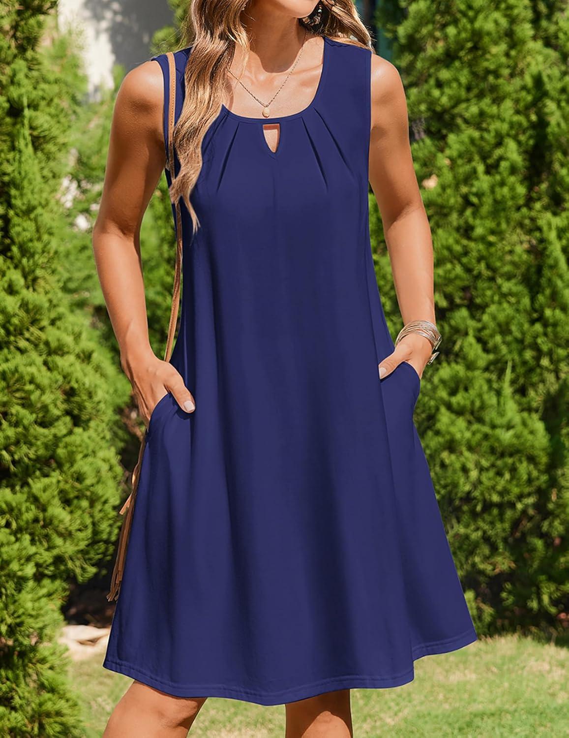 imageZeagoo Womens Casual Summer Dresses 2025 Boho Sleeveless Sundresses with Pockets Pleated Beach Floral T Shirt DressesNavy Blue