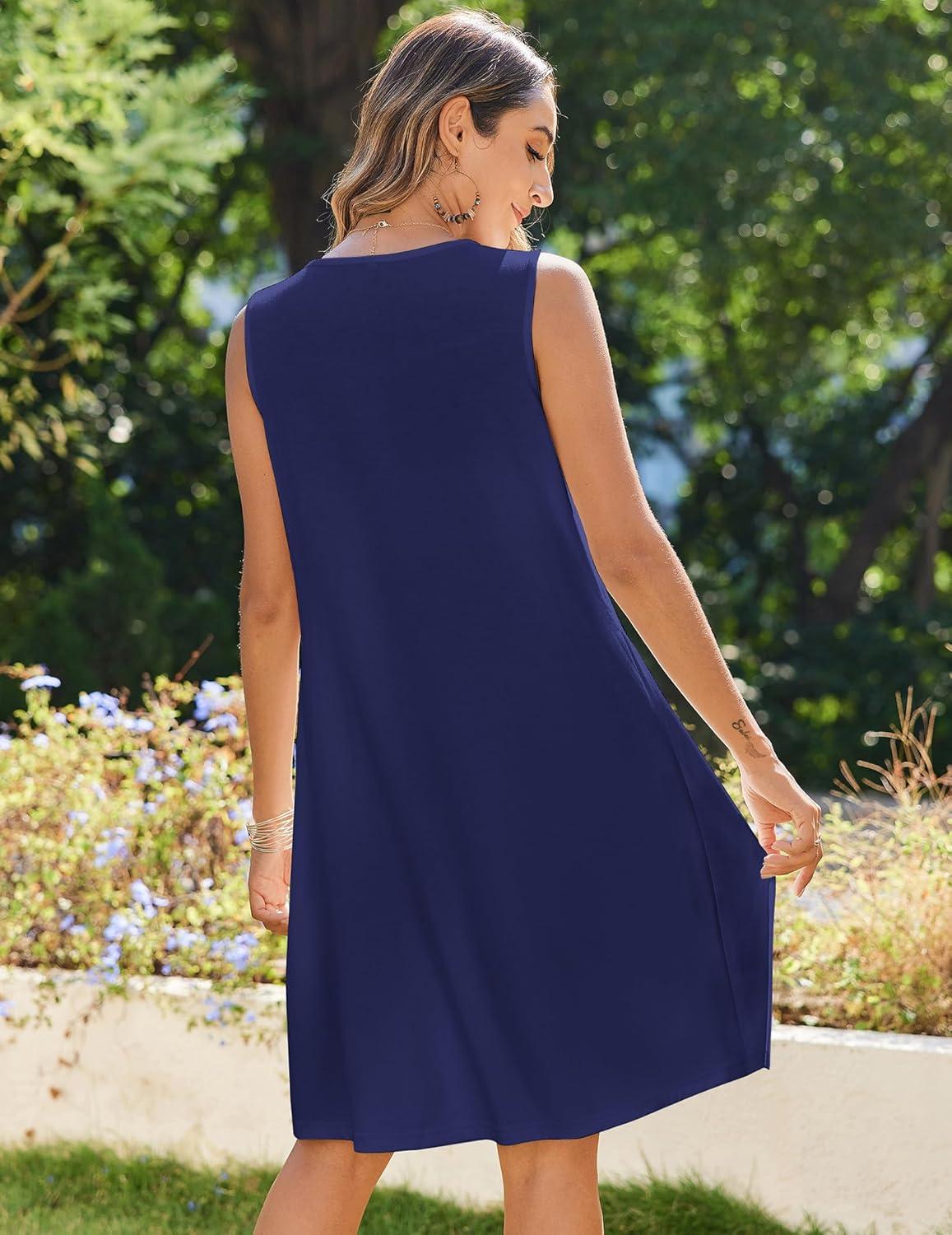 imageZeagoo Womens Casual Summer Dresses 2025 Boho Sleeveless Sundresses with Pockets Pleated Beach Floral T Shirt DressesNavy Blue