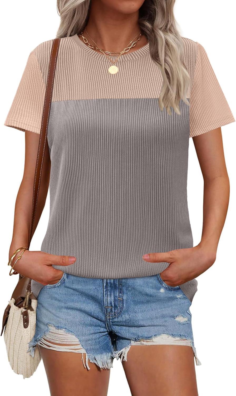 imageZeagoo Womens Casual Summer Tops Short Sleeve T Shirts Crewneck Basic Tees Blouses Color Block Tunic TopsBgray