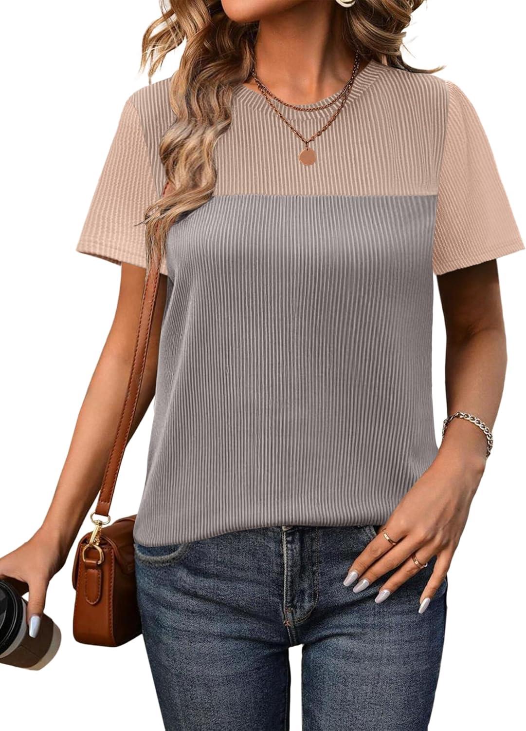 imageZeagoo Womens Casual Summer Tops Short Sleeve T Shirts Crewneck Basic Tees Blouses Color Block Tunic TopsBgray