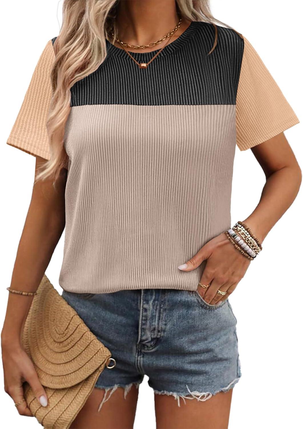 imageZeagoo Womens Casual Summer Tops Short Sleeve T Shirts Crewneck Basic Tees Blouses Color Block Tunic TopsBlackb