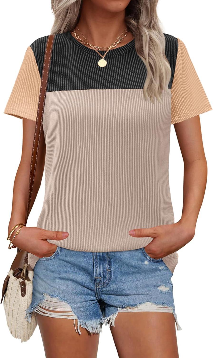 imageZeagoo Womens Casual Summer Tops Short Sleeve T Shirts Crewneck Basic Tees Blouses Color Block Tunic TopsBlackb