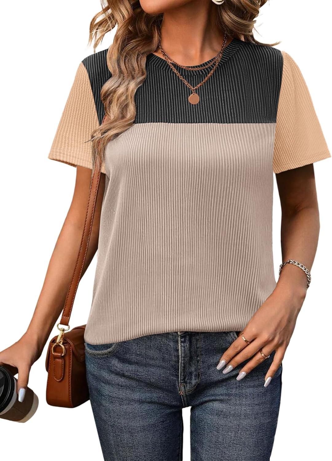 imageZeagoo Womens Casual Summer Tops Short Sleeve T Shirts Crewneck Basic Tees Blouses Color Block Tunic TopsBlackb