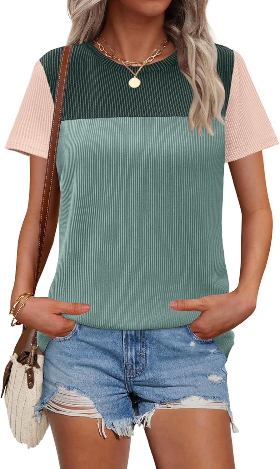 imageZeagoo Womens Casual Summer Tops Short Sleeve T Shirts Crewneck Basic Tees Blouses Color Block Tunic TopsGreen