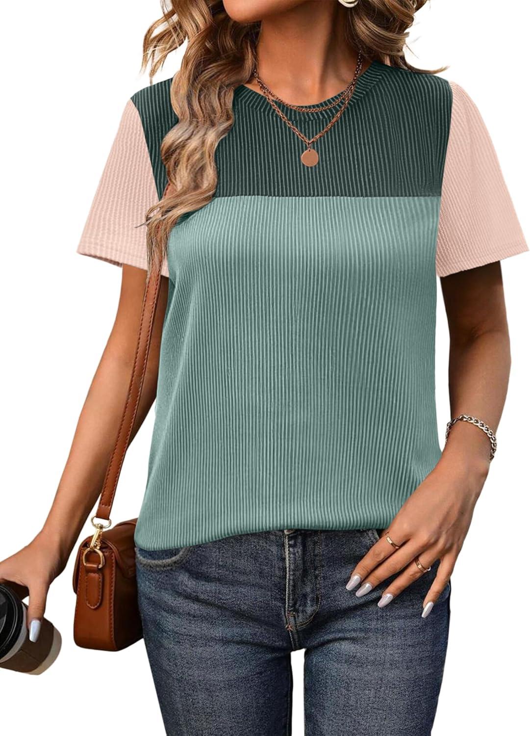 imageZeagoo Womens Casual Summer Tops Short Sleeve T Shirts Crewneck Basic Tees Blouses Color Block Tunic TopsGreen