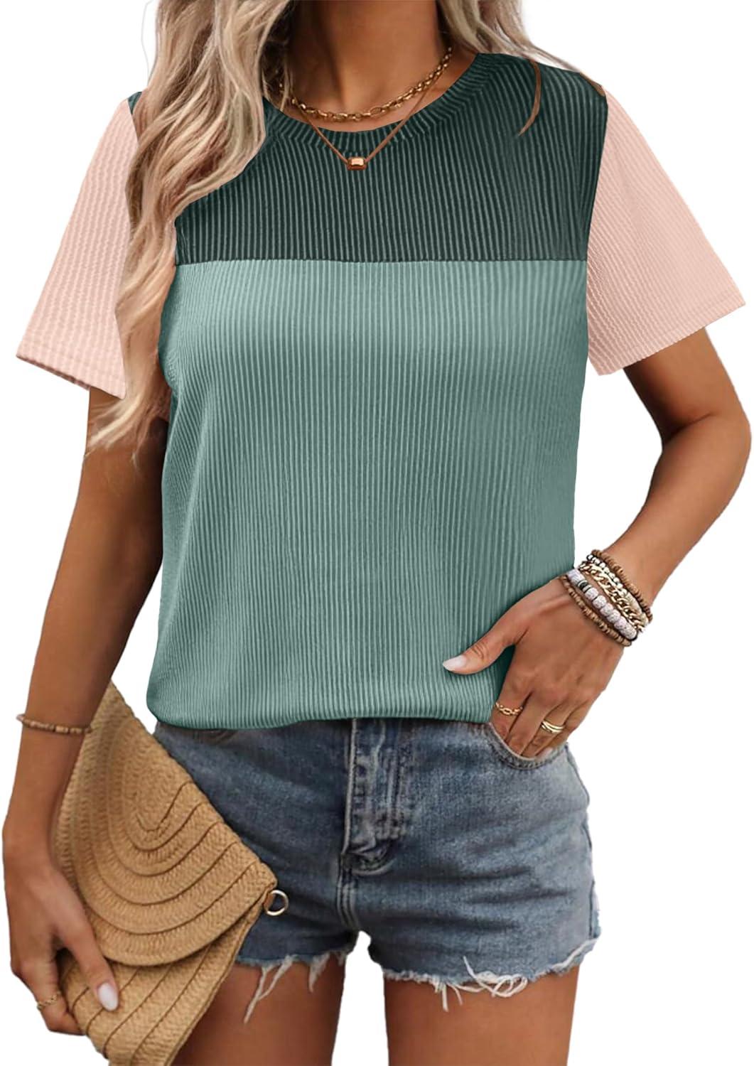 imageZeagoo Womens Casual Summer Tops Short Sleeve T Shirts Crewneck Basic Tees Blouses Color Block Tunic TopsGreen