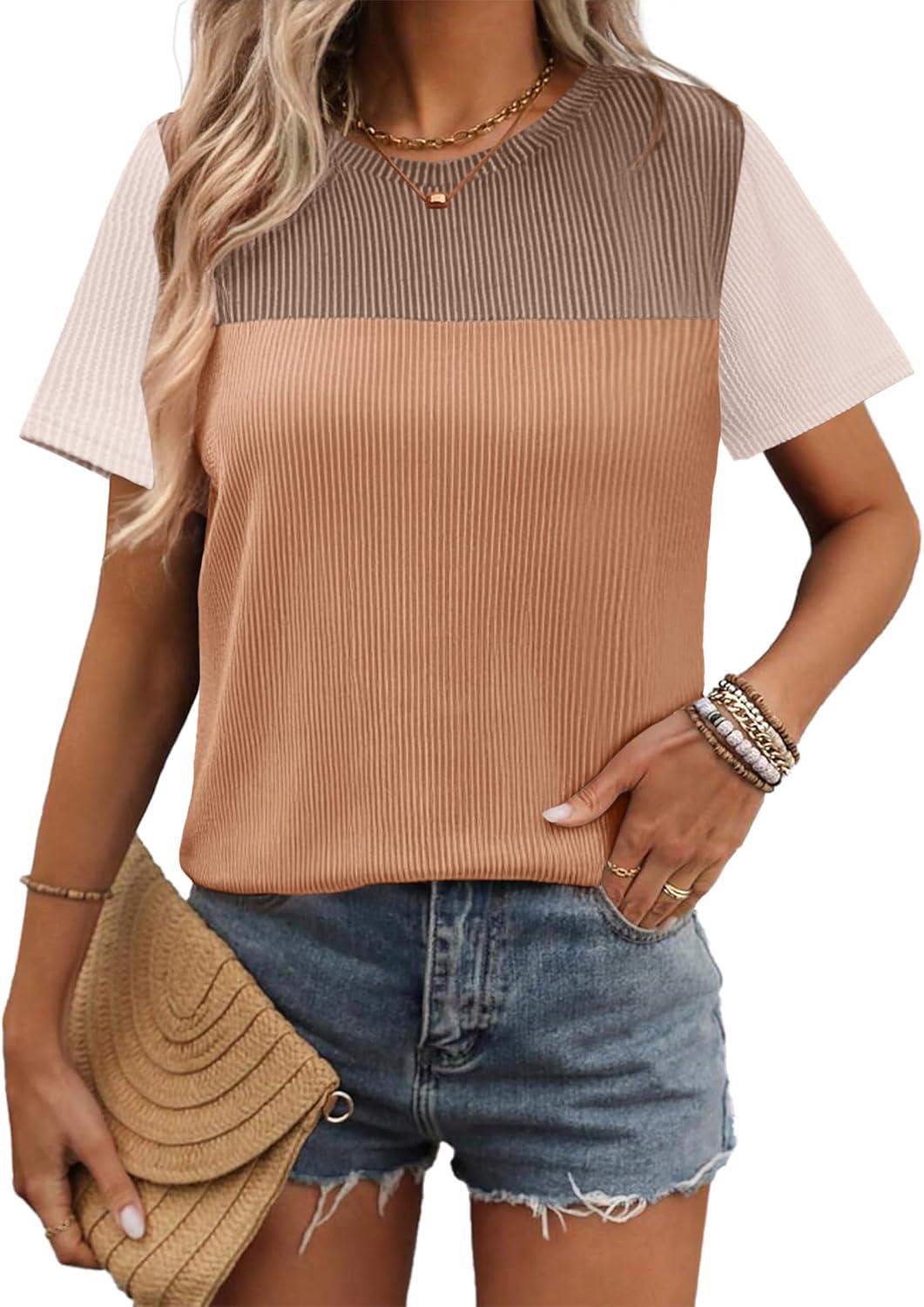 imageZeagoo Womens Casual Summer Tops Short Sleeve T Shirts Crewneck Basic Tees Blouses Color Block Tunic TopsKhakib