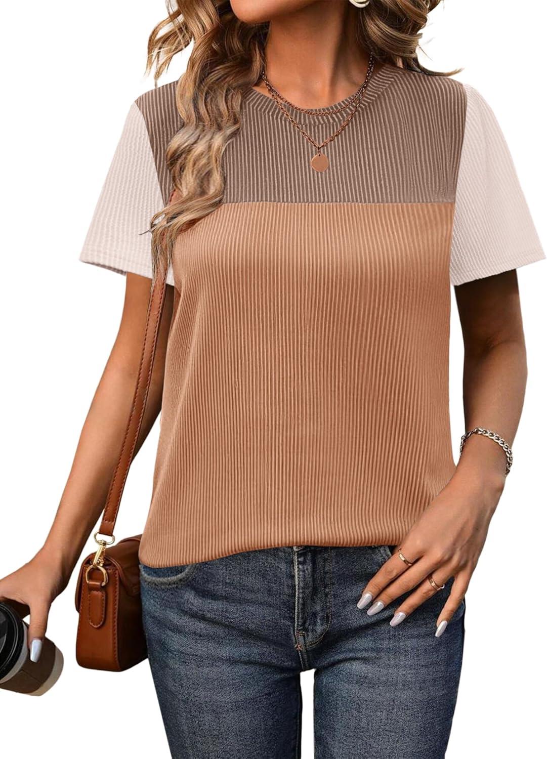 imageZeagoo Womens Casual Summer Tops Short Sleeve T Shirts Crewneck Basic Tees Blouses Color Block Tunic TopsKhakib