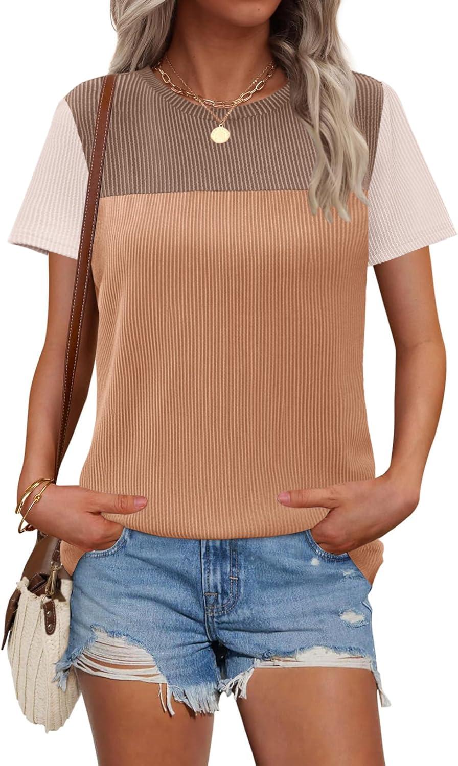 imageZeagoo Womens Casual Summer Tops Short Sleeve T Shirts Crewneck Basic Tees Blouses Color Block Tunic TopsKhakib