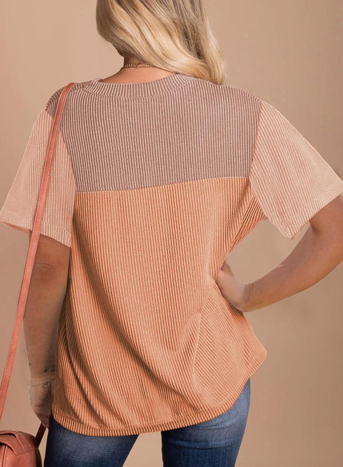 imageZeagoo Womens Casual Summer Tops Short Sleeve T Shirts Crewneck Basic Tees Blouses Color Block Tunic TopsKhakib