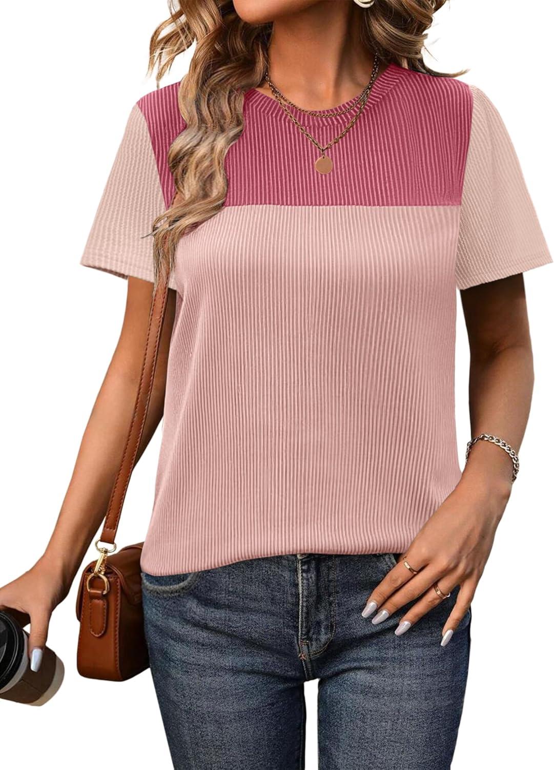 imageZeagoo Womens Casual Summer Tops Short Sleeve T Shirts Crewneck Basic Tees Blouses Color Block Tunic TopsPinkb