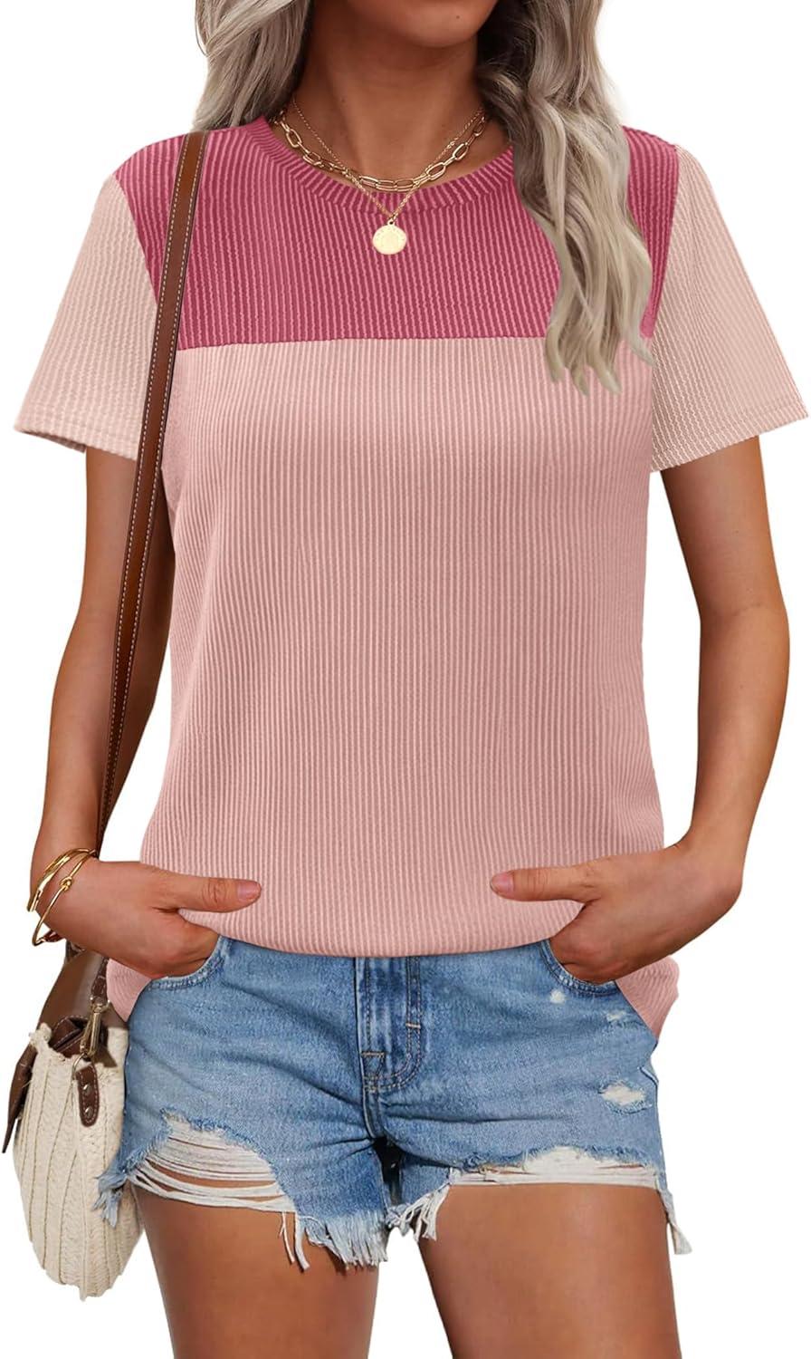 imageZeagoo Womens Casual Summer Tops Short Sleeve T Shirts Crewneck Basic Tees Blouses Color Block Tunic TopsPinkb