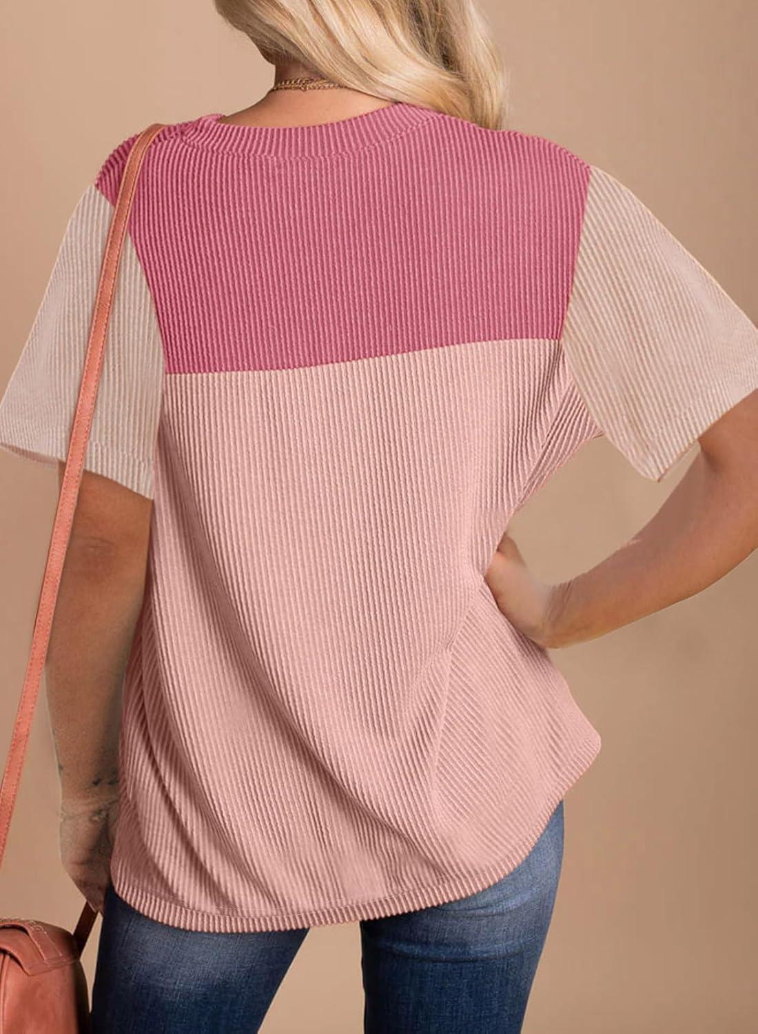 imageZeagoo Womens Casual Summer Tops Short Sleeve T Shirts Crewneck Basic Tees Blouses Color Block Tunic TopsPinkb