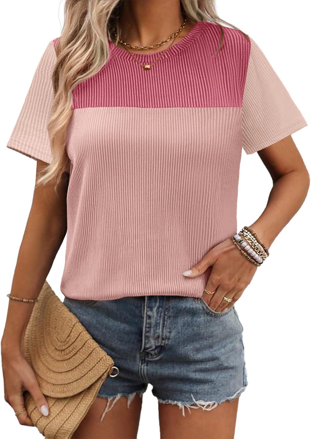 imageZeagoo Womens Casual Summer Tops Short Sleeve T Shirts Crewneck Basic Tees Blouses Color Block Tunic TopsPinkb