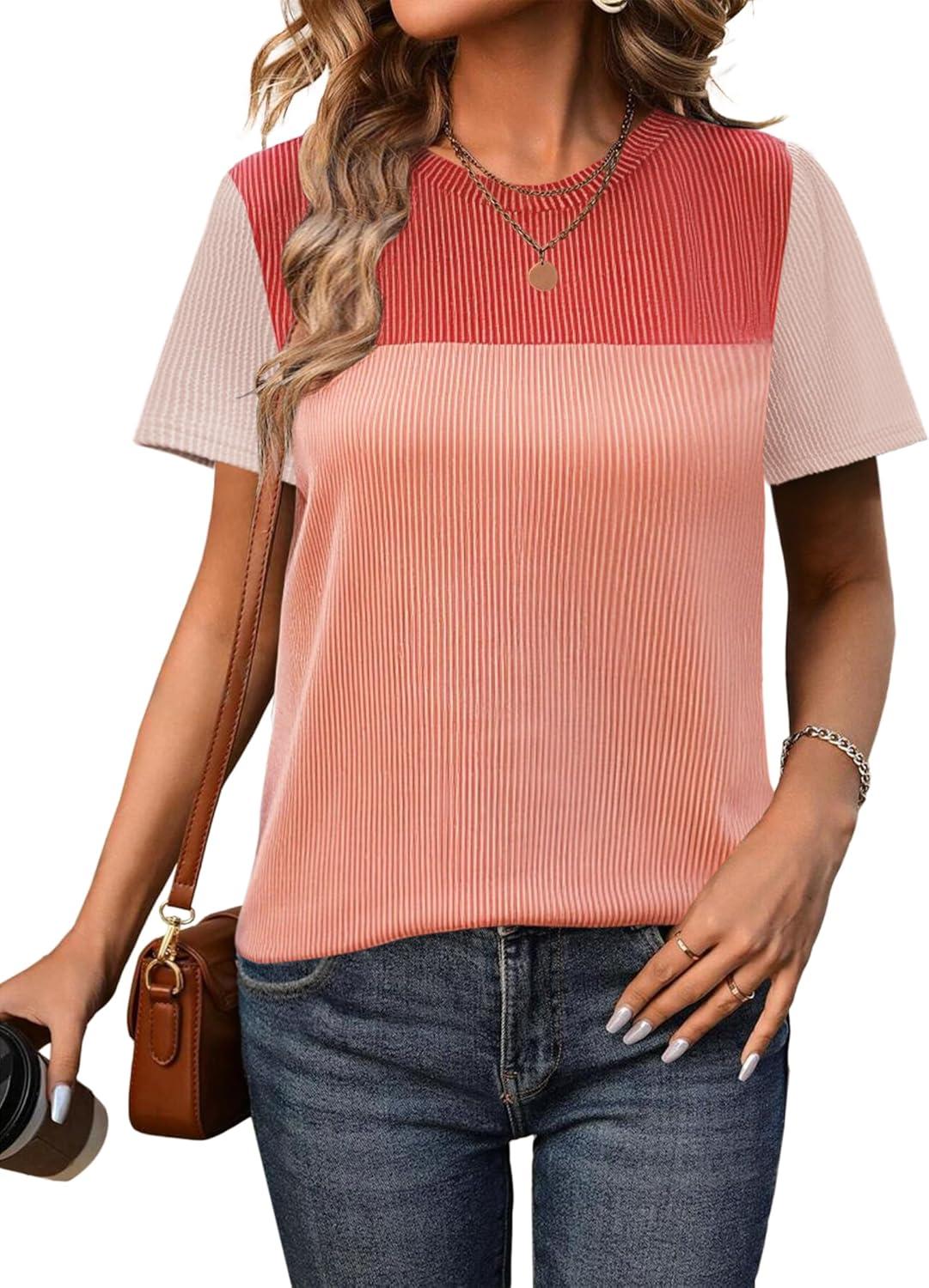 imageZeagoo Womens Casual Summer Tops Short Sleeve T Shirts Crewneck Basic Tees Blouses Color Block Tunic TopsRedb