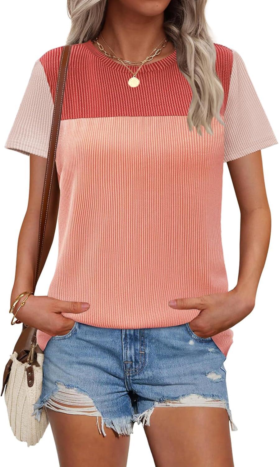 imageZeagoo Womens Casual Summer Tops Short Sleeve T Shirts Crewneck Basic Tees Blouses Color Block Tunic TopsRedb