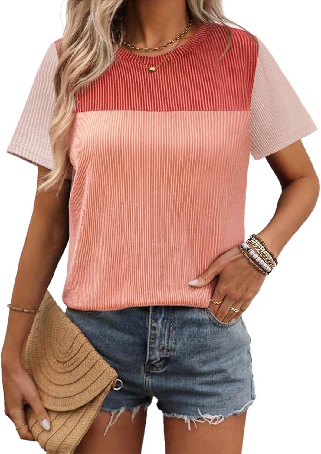 imageZeagoo Womens Casual Summer Tops Short Sleeve T Shirts Crewneck Basic Tees Blouses Color Block Tunic TopsRedb